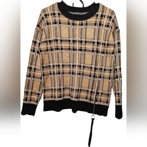 Metric Knits Elegant Plaid Sweater - Navy and Tan Large PTP 21 80% Viscose
